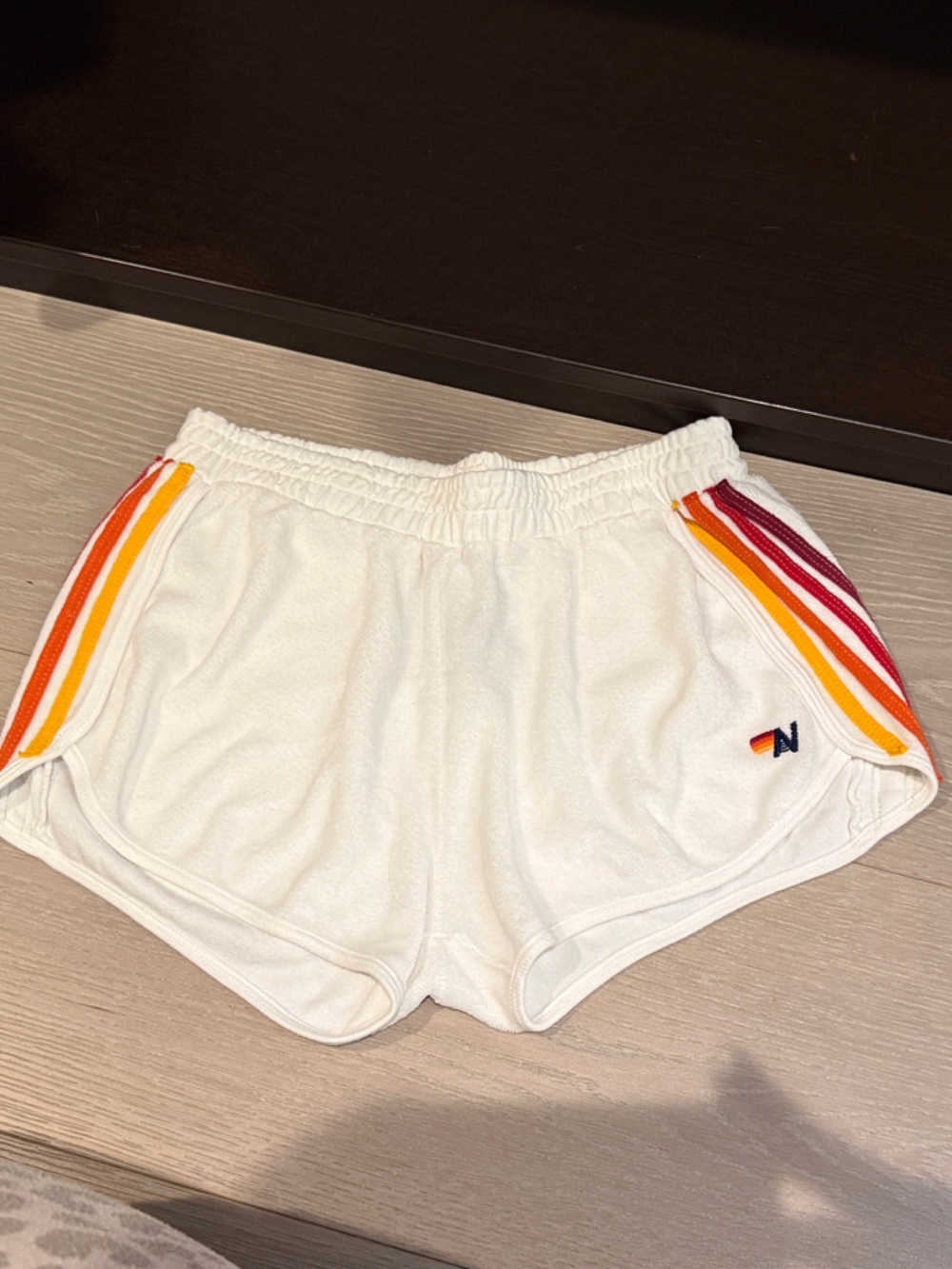 Aviator Nation White Terry Shorts with Orange and Red Stripe Trim